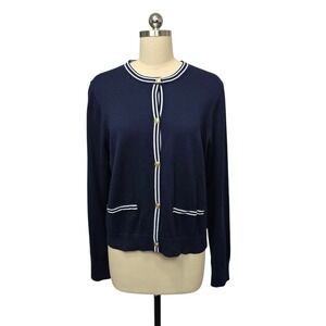 J. Crew Navy Blue Striped Trim Cardigan Sweater Womens XL Gold Buttons